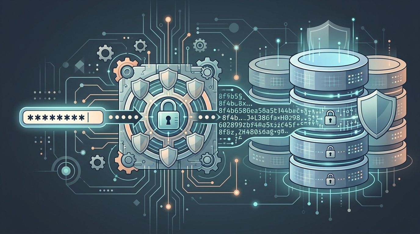 Illustration of a password being transformed into a protected hash before storage in a database.