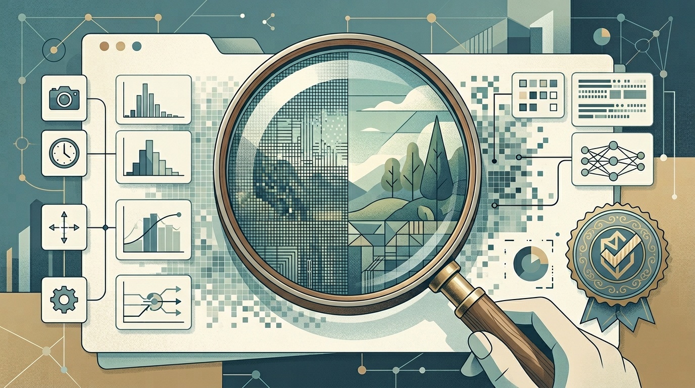 Illustration of an image file being inspected for watermark and provenance signals