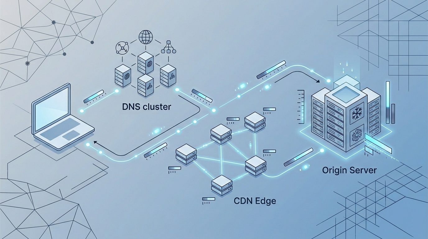 A simplified network path from a browser to a CDN and origin server showing points where latency can occur.