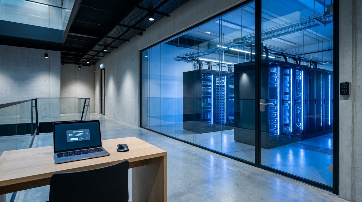 Moderne Europese datacenteromgeving met glazen serverruimte en laptop met toestemmingsdialoog, symboliseert transparantie en beveiliging bij AI-kennisbanken