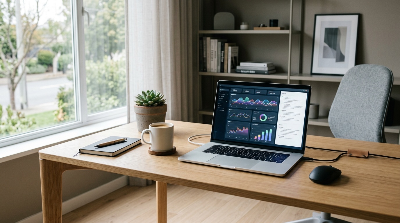 Een opgeruimd bureau met laptop waarop een dashboard met geluidsopnames en meeting-notities zichtbaar is, een koffiemok en een klein plantje, in een rustig modern kantoor.
